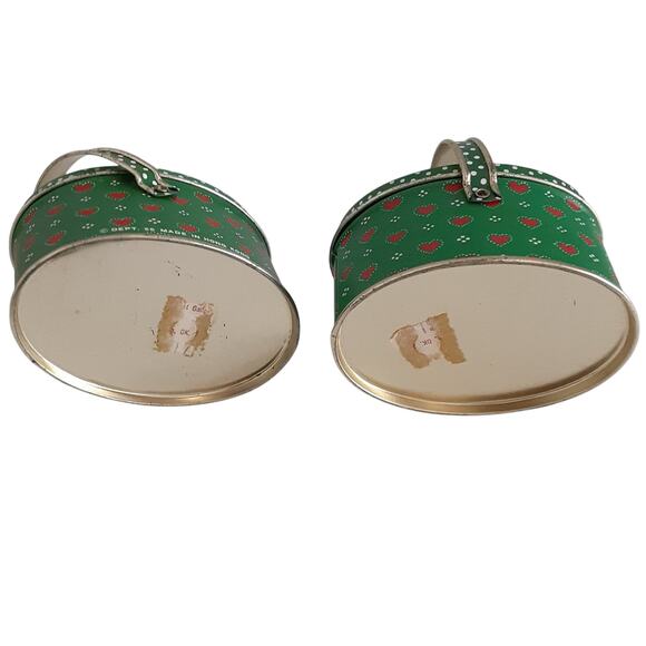 Vintage Dept 56 Christmas Mini Tin Containers Handled Green Set of 2 Holiday - Picture 6 of 8